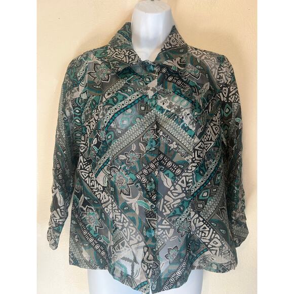 Erin London women's size Small sheer button-up blouse Teal-Black-ETC boho style - Picture 1 of 12